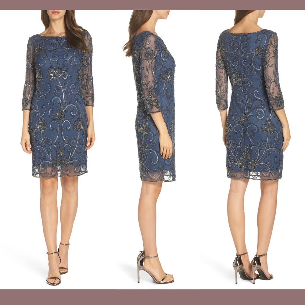 NWT $178 Pisarro Nights Embellished Mesh Sheath Dress in‎ Blue [SZ 6 ]